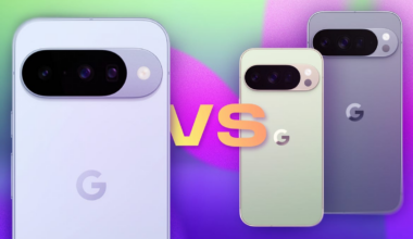 Three Pixel 10 phones with the phrase "vs" between them on a colorful background.