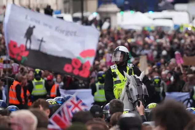 Policeman on a horse seen amongst marchers during the "Unite The Kingdom" rally on September 13, 2025 in London, England. (Getty images)