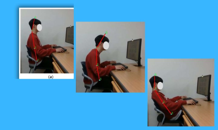 Photos showing bad workstation posture.