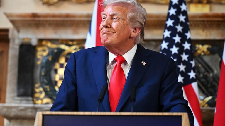 President Donald Trump attends a joint press conference with Britain's Prime Minister Keir Starmer at Chequers near Aylesbury, England.