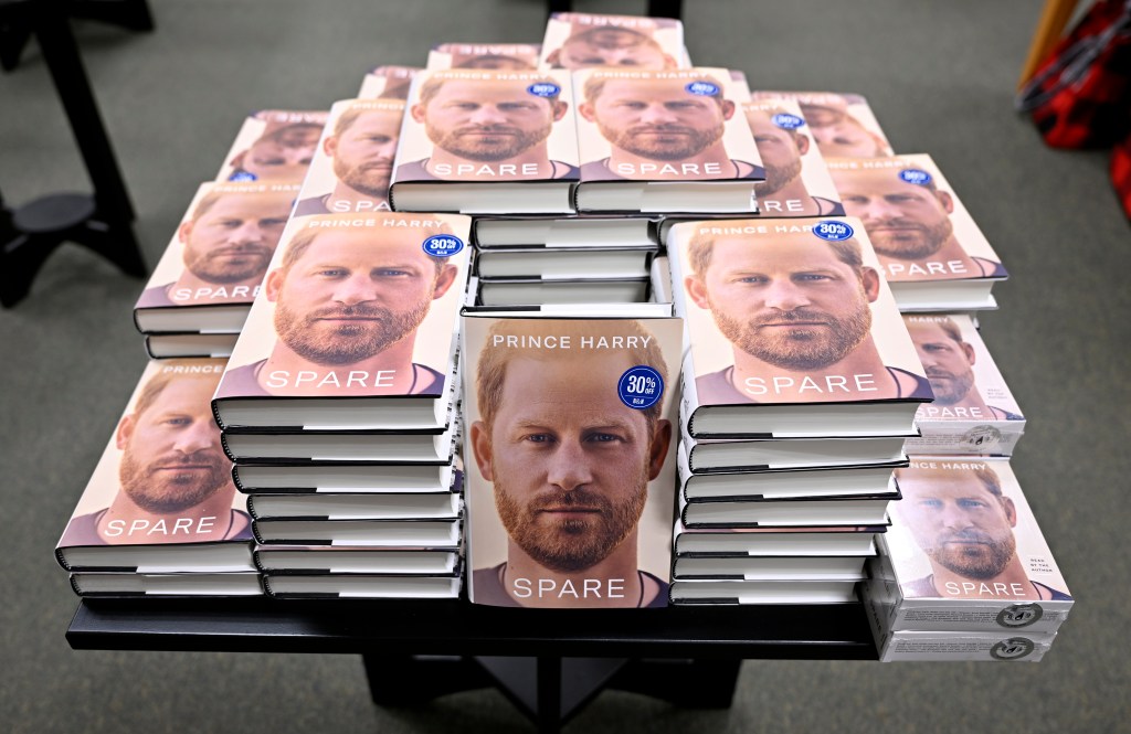 Copies of Prince Harry's memoir, Spare, on display.