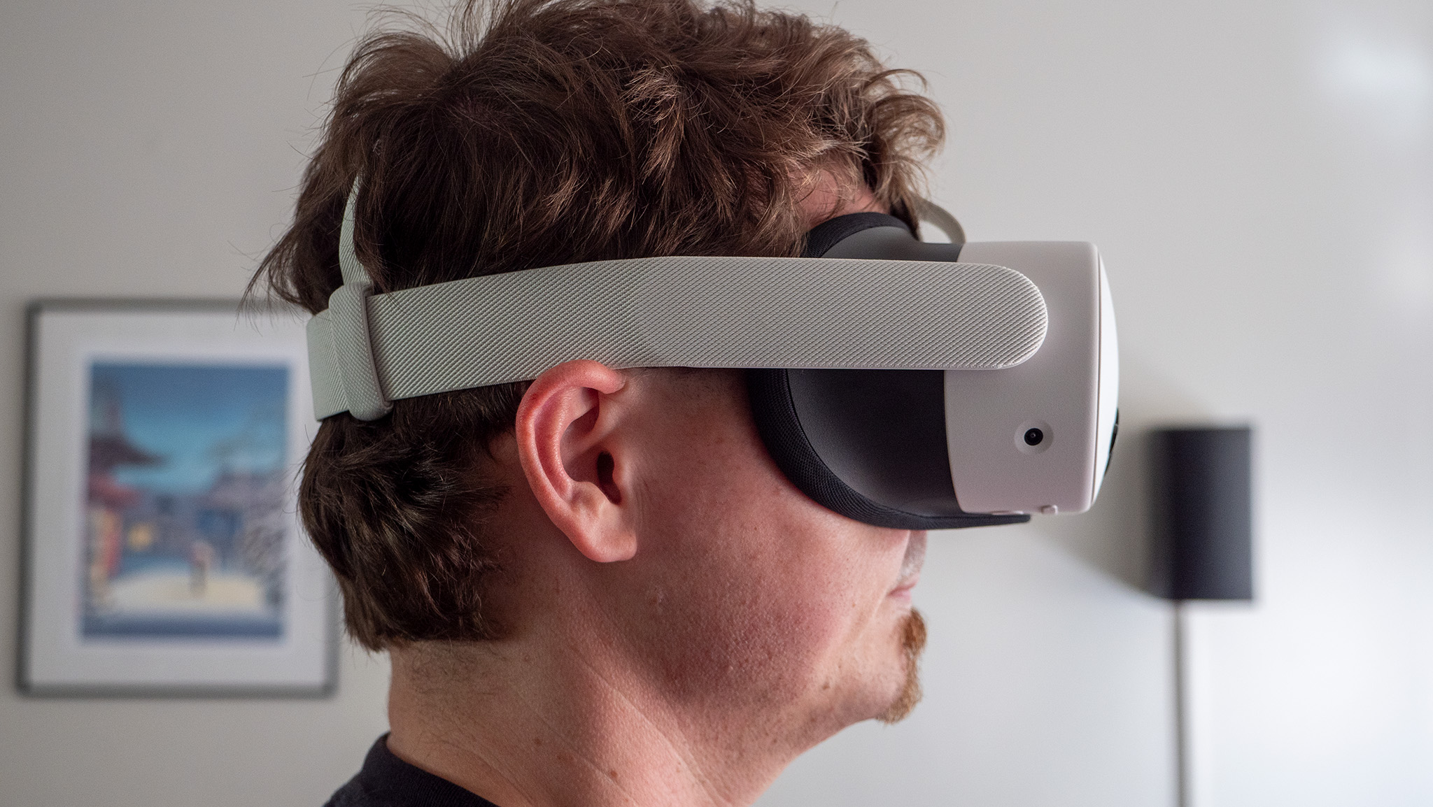 Wearing a Meta Quest 3S with the default cloth strap