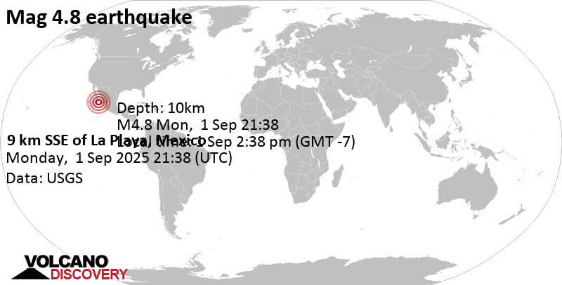 4.8 quake 11 km southeast of San Jose del Cabo, Estado de Baja California Sur, Mexico, Sep 1, 2025 02:38 pm (Mazatlan time)