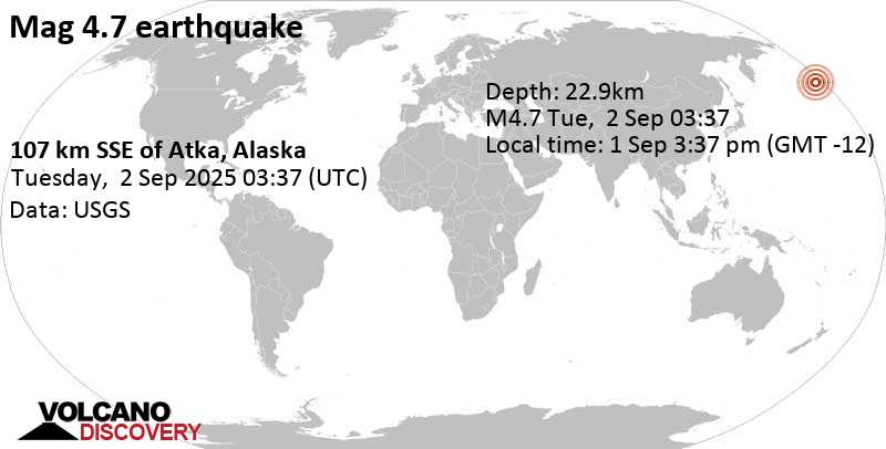4.7 quake North Pacific Ocean, 96 mi southeast of Chugul Island, Aleutians West Census Area, Alaska, United States, Sep 1, 2025 03:37 pm (GMT -12)