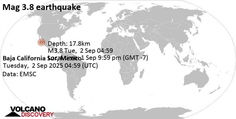 3.8 quake 3.7 km west of San Jose del Cabo, Estado de Baja California Sur, Mexico, Sep 1, 2025 09:59 pm (GMT -7)