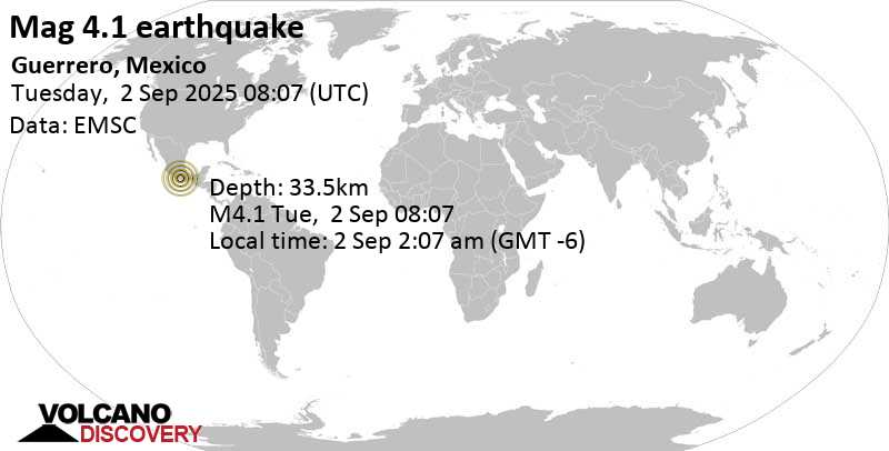 4.1 quake 18 km northwest of Ometepec, Estado de Guerrero, Mexico, Sep 2, 2025 02:07 am (Mexico City time)