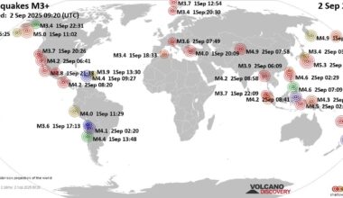 Worldwide earthquakes above magnitude 3 during the past 24 hours on  2 Sep 2025