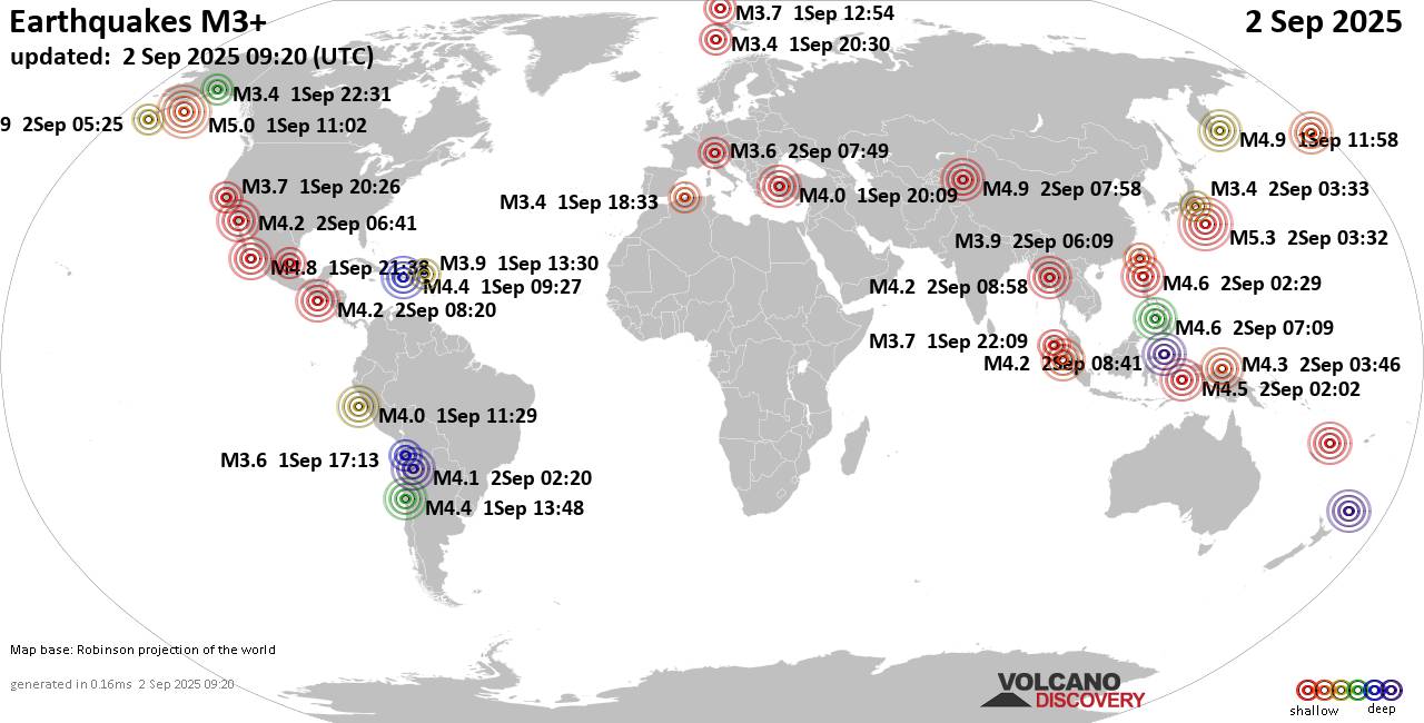Worldwide earthquakes above magnitude 3 during the past 24 hours on  2 Sep 2025