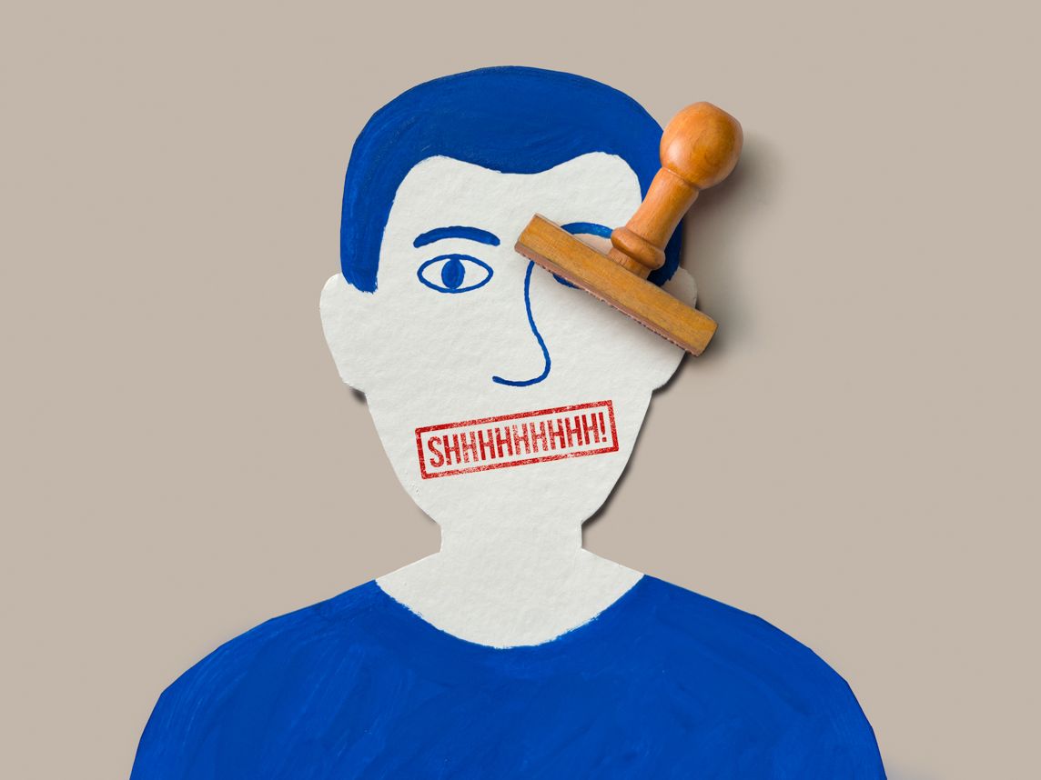 Shhhh is rubber stamped over a mouth.
