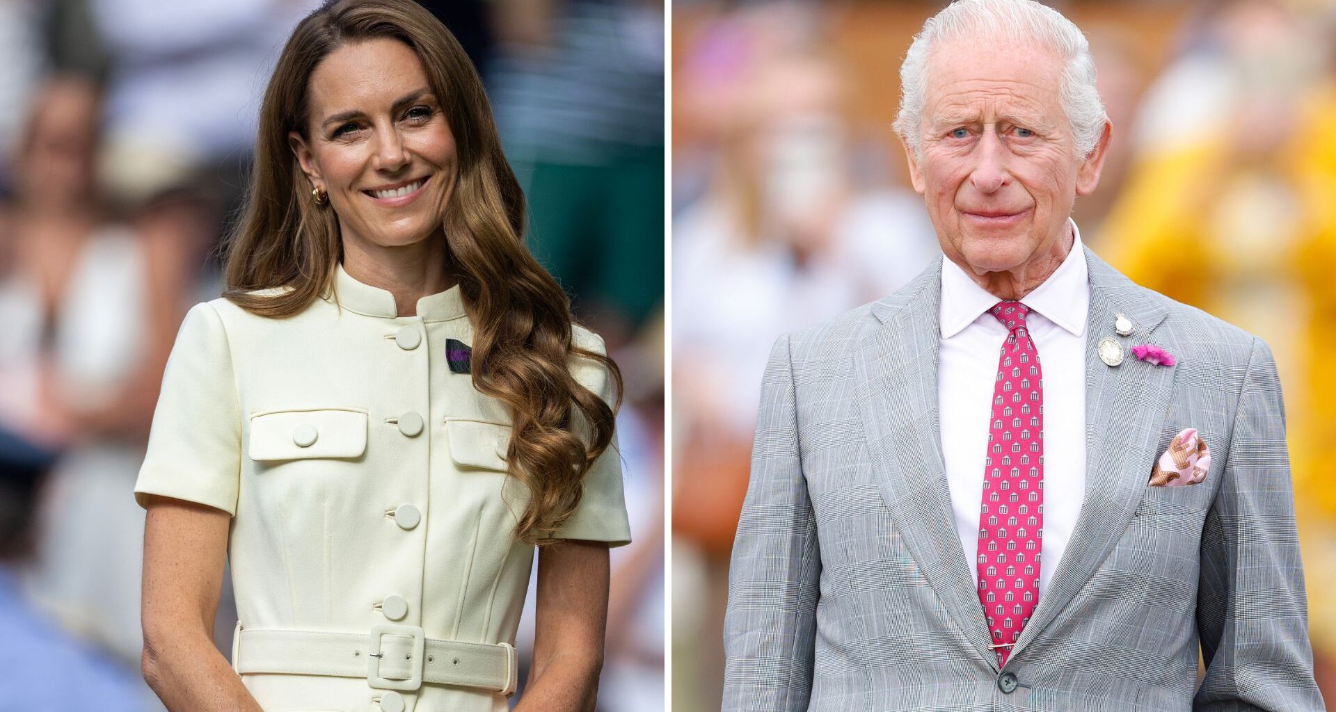 A composite of a picture of Kate Middleton at Wimbledon 2025 and a picture of King Charles at the Sandringham Flower Show 2025