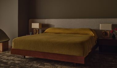 Modern bedroom with dark brown walls.