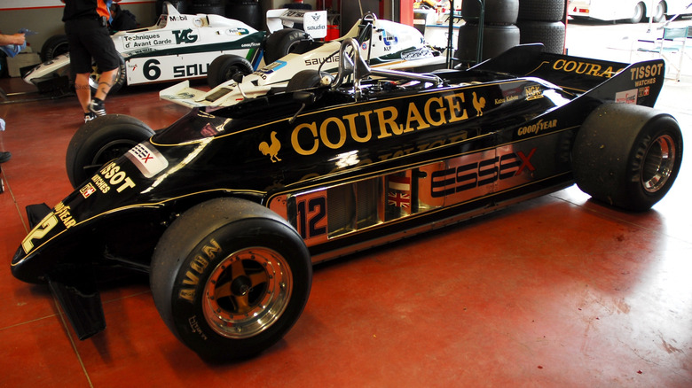 Classic F1 Car 1981 Lotus 88 in the pit at Mugello Circuit in Italy during Mugello Historic Festival.