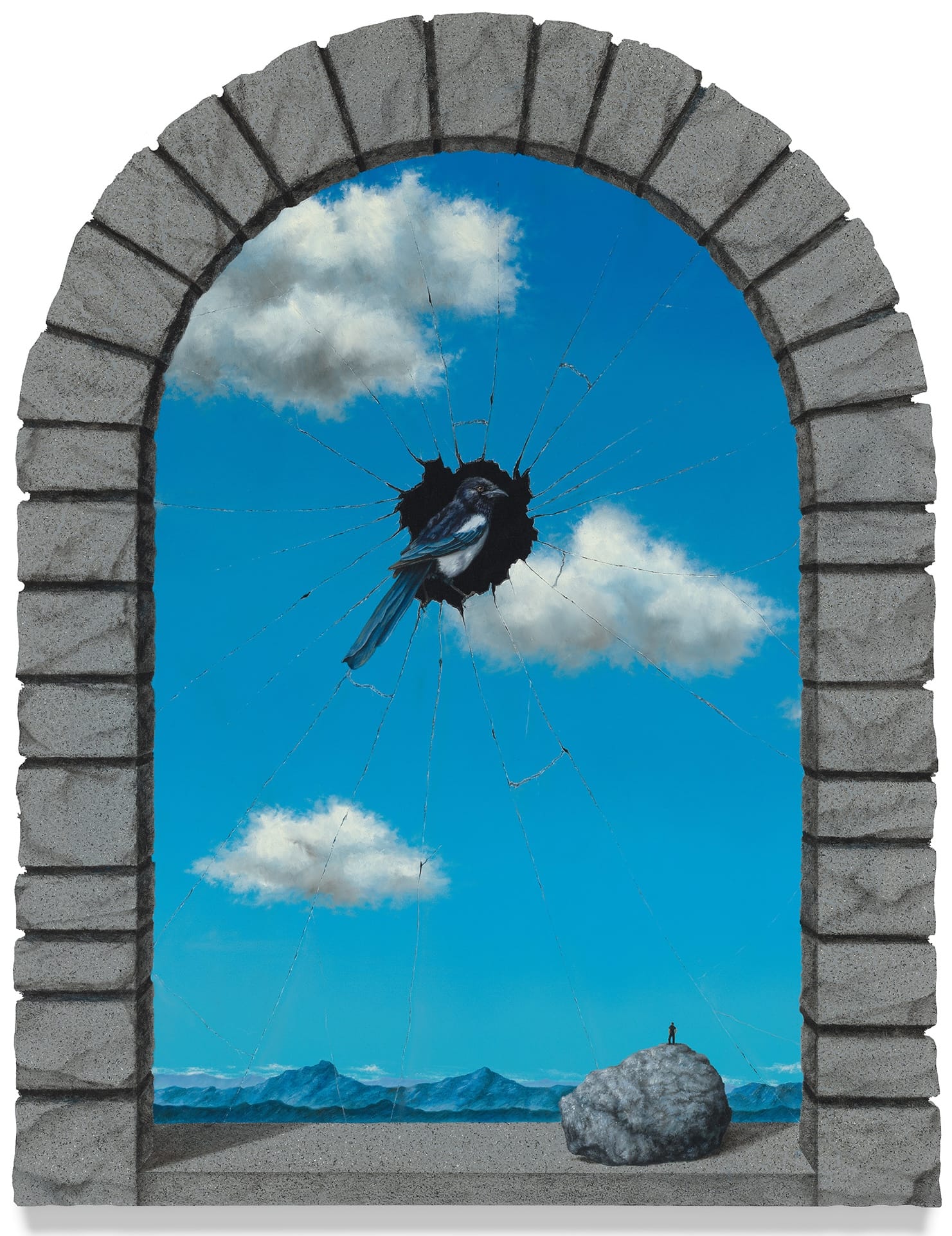 a surreal painting by Joseph Renda Jr. framed by a stone arch motif, with a bird seated in a crack in the blue sky