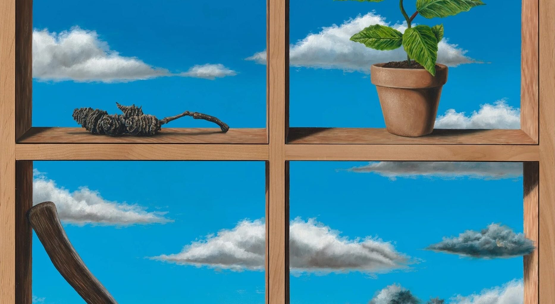a surreal painting by Joseph Renda Jr. of a four-paned window with a blue sky through it, framing motifs like an axe, potted plant, and storm cloud