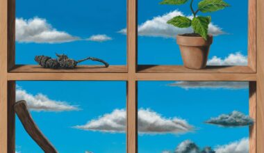 a surreal painting by Joseph Renda Jr. of a four-paned window with a blue sky through it, framing motifs like an axe, potted plant, and storm cloud