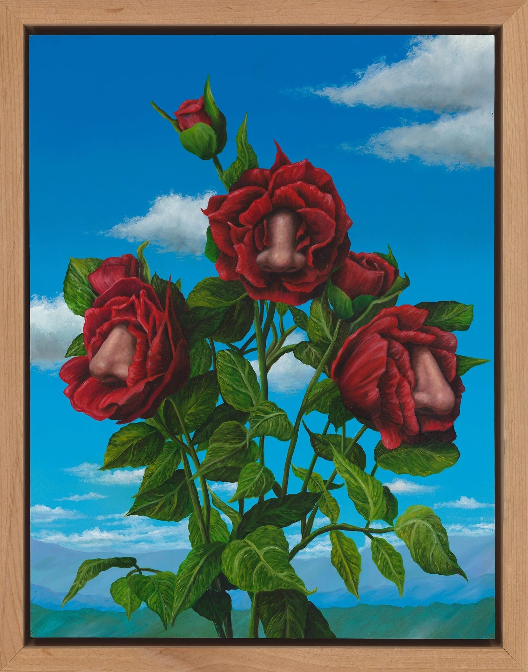a framed painting by Joseph Renda Jr. of a blue sky with a bunch of roses that have human noses