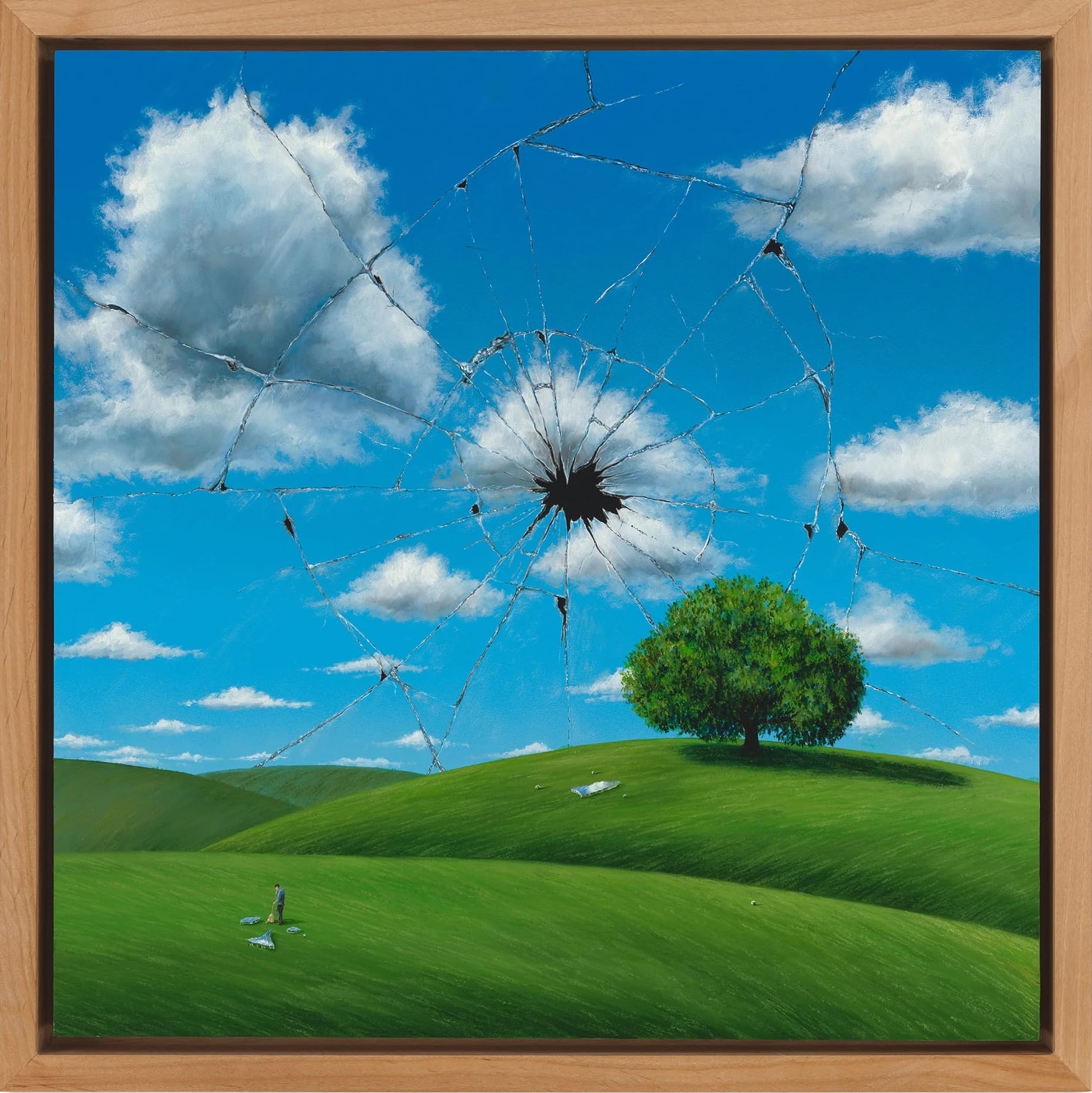 a framed painting by Joseph Renda Jr. of a blue sky and green landscape with a crack in the sky