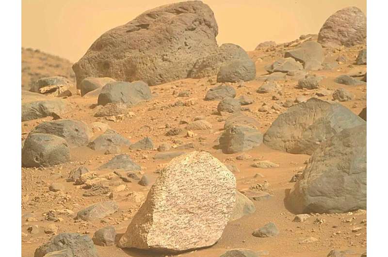 Rocks in the Bright Angel Formation. NASA's Mars Perseverance rover acquired this image using its Right Mastcam-Z camera. Mastcam-Z is a pair of cameras located high on the rover's mast. This image was acquired on May 29, 2024 (Sol 1164) at the local mean solar time of 12:40:40. Credit: NASA/JPL-Caltech/ASU Researchers uncover potential biosignatures on Mars