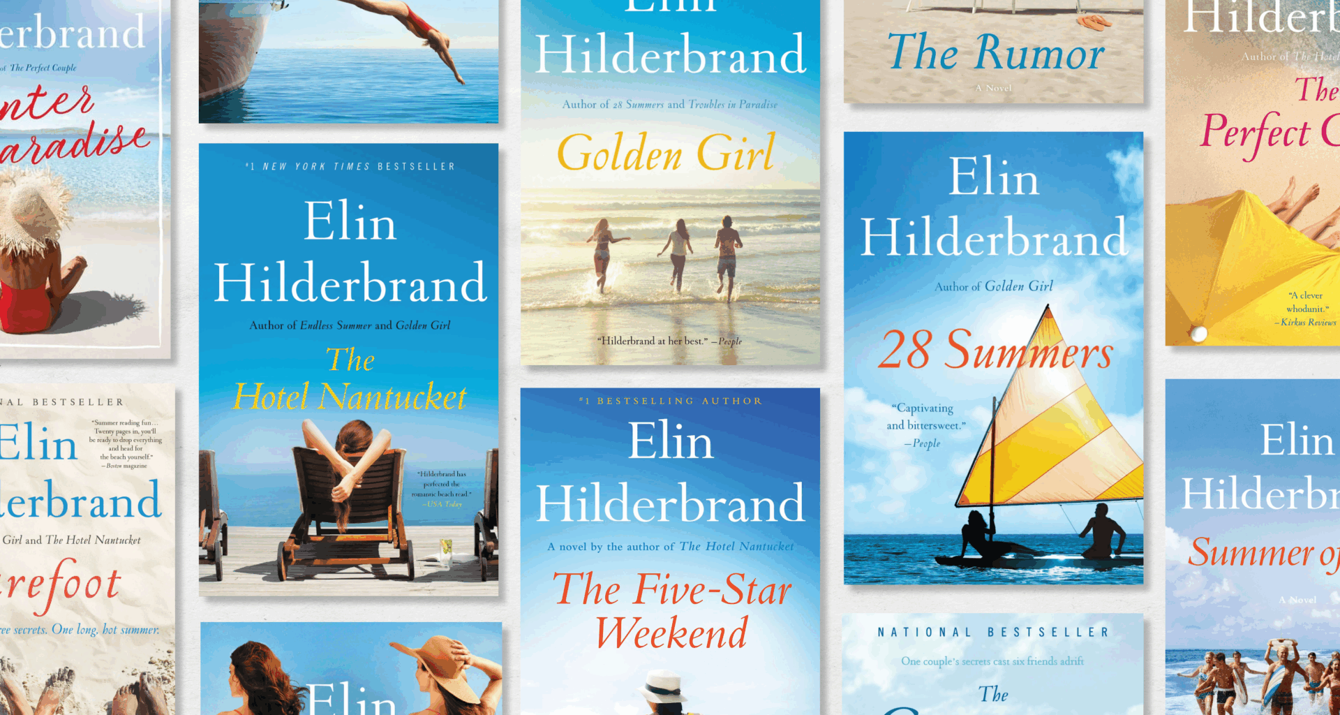 a collage of book covers from author elin hilderbrand