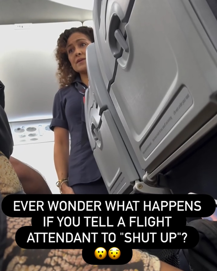 Flight attendant standing near airplane seats as entitled passenger goes viral for being kicked off flight.