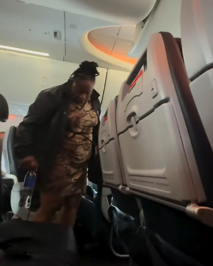 Passenger being removed from airplane aisle, highlighting entitled passenger kicked off flight after telling attendant to shut up.