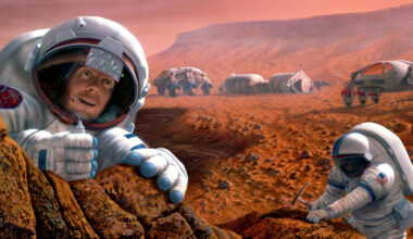 Two astronauts wearing white spacesuits dig around in the dirt near a series of gray buildings on the reddish dusty surface of the planet Mars