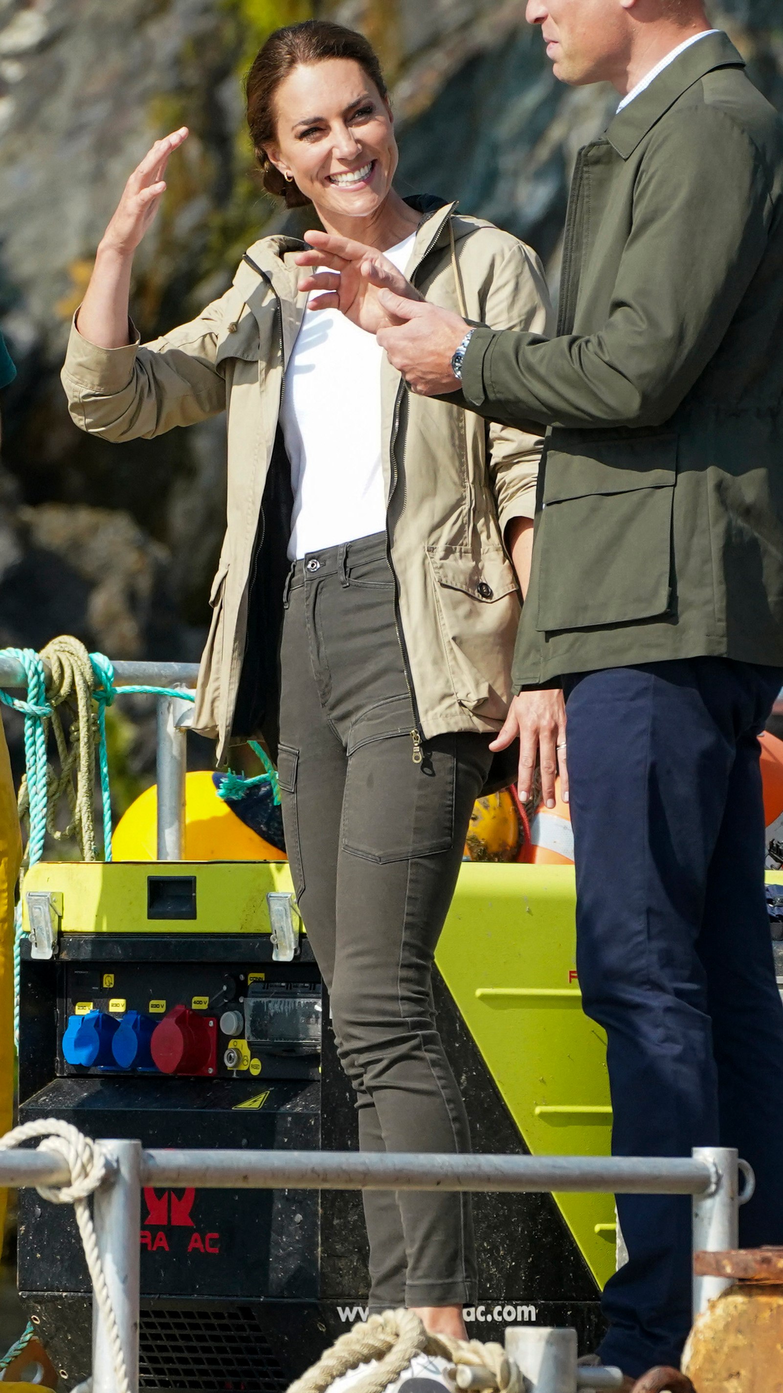 Catherine, Princess of Wales smiles as she visits the C&acirc;r-Y-M&ocirc;r Seaweed Farm in Wales on September 8, 2023