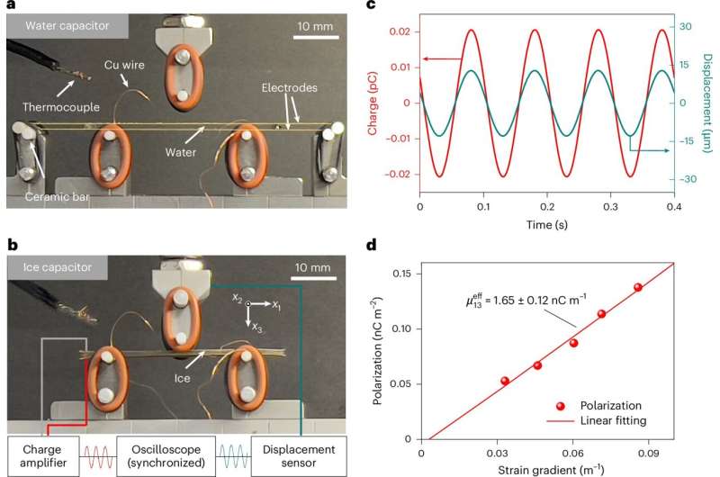 Experimental set-up for measuring ice flexoelectricity. Credit: Nature Physics (2025). DOI: 10.1038/s41567-025-02995-6 Scientists find that ice generates electricity when bent