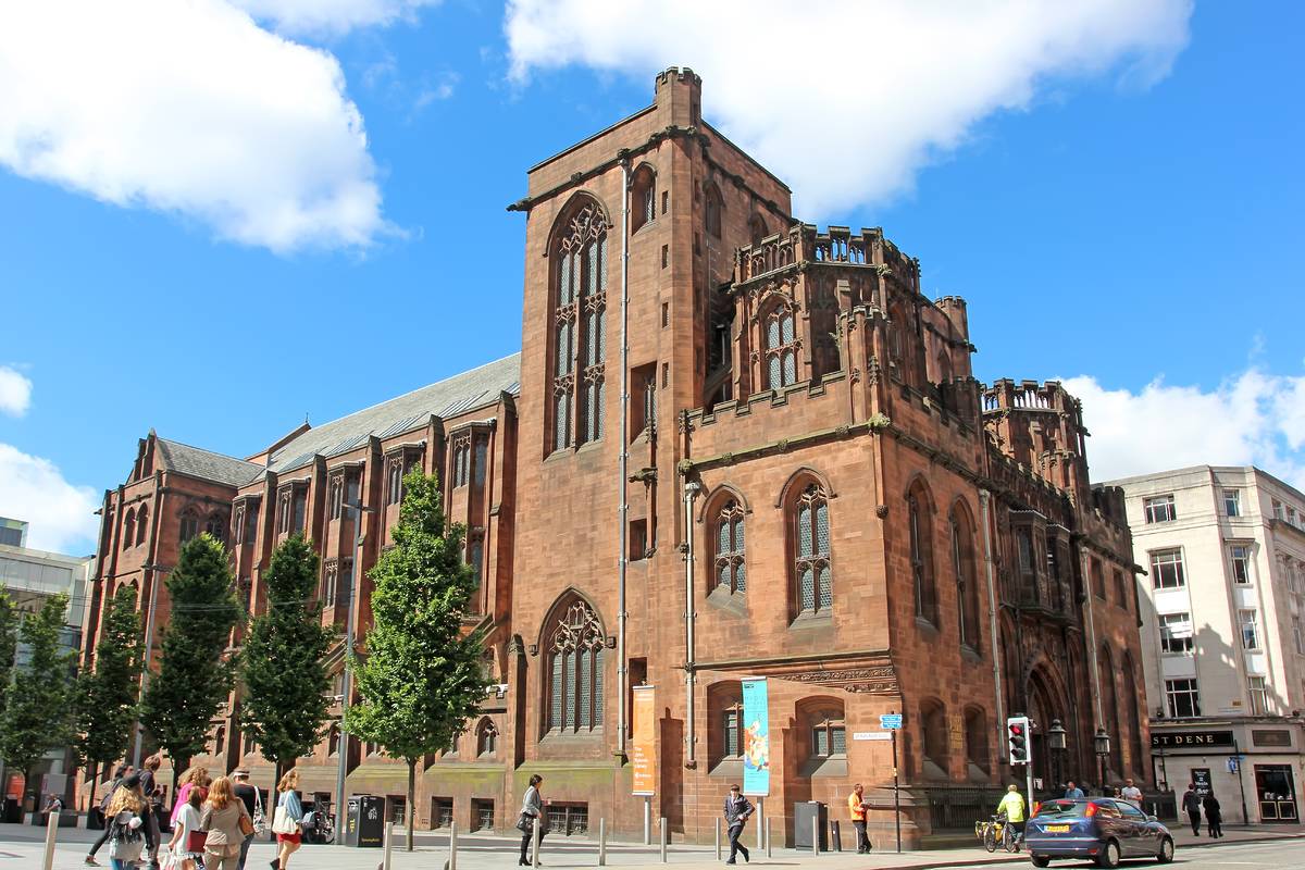 john rylands library exterior sunny manchester literary landmarks