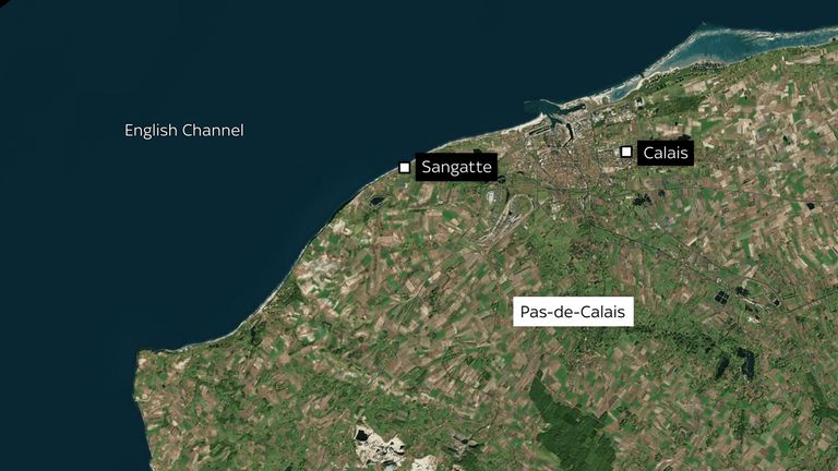 A map showing Sangatte in Pas-de-Calais
