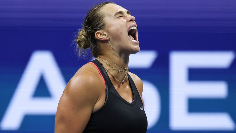 Aryna Sabalenka celebrates a point against Jessica Pegula of the United States during their Women's Singles Semifinal match on Day Twelve of