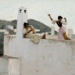 painting of two figures playing instruments on the roof of a white building