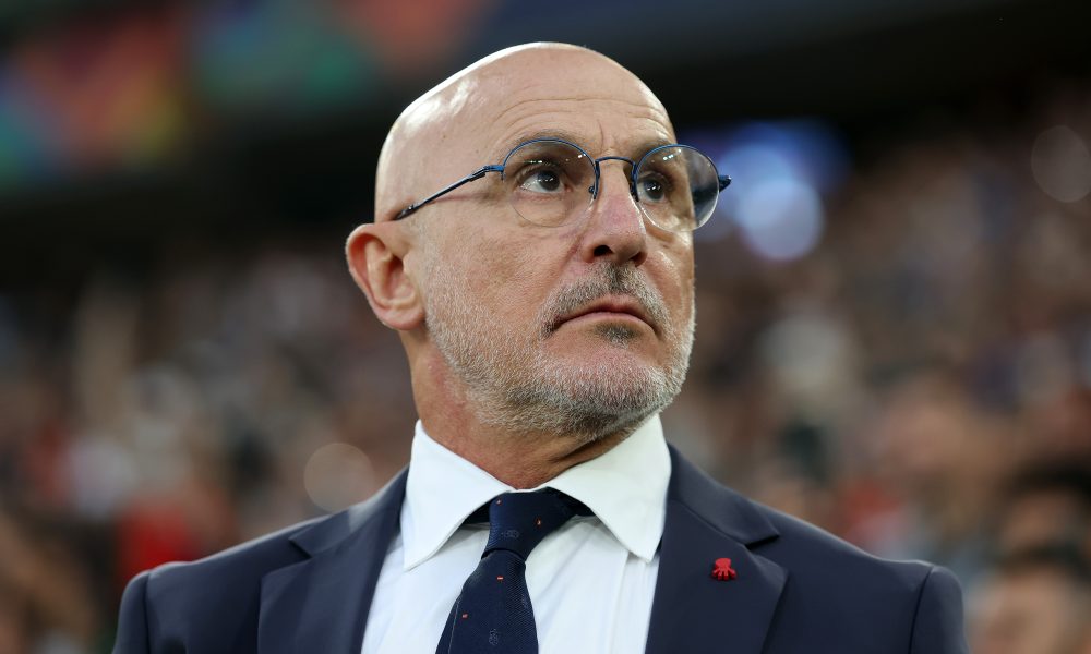 STUTTGART, GERMANY - JUNE 05: Luis de la Fuente, Manager of Spain, looks on prior to the UEFA Nations League 2025 semifinal match between Spain and France at Stuttgart Arena on June 05, 2025 in Stuttgart, Germany. (Photo by Alexander Hassenstein/Getty Images)