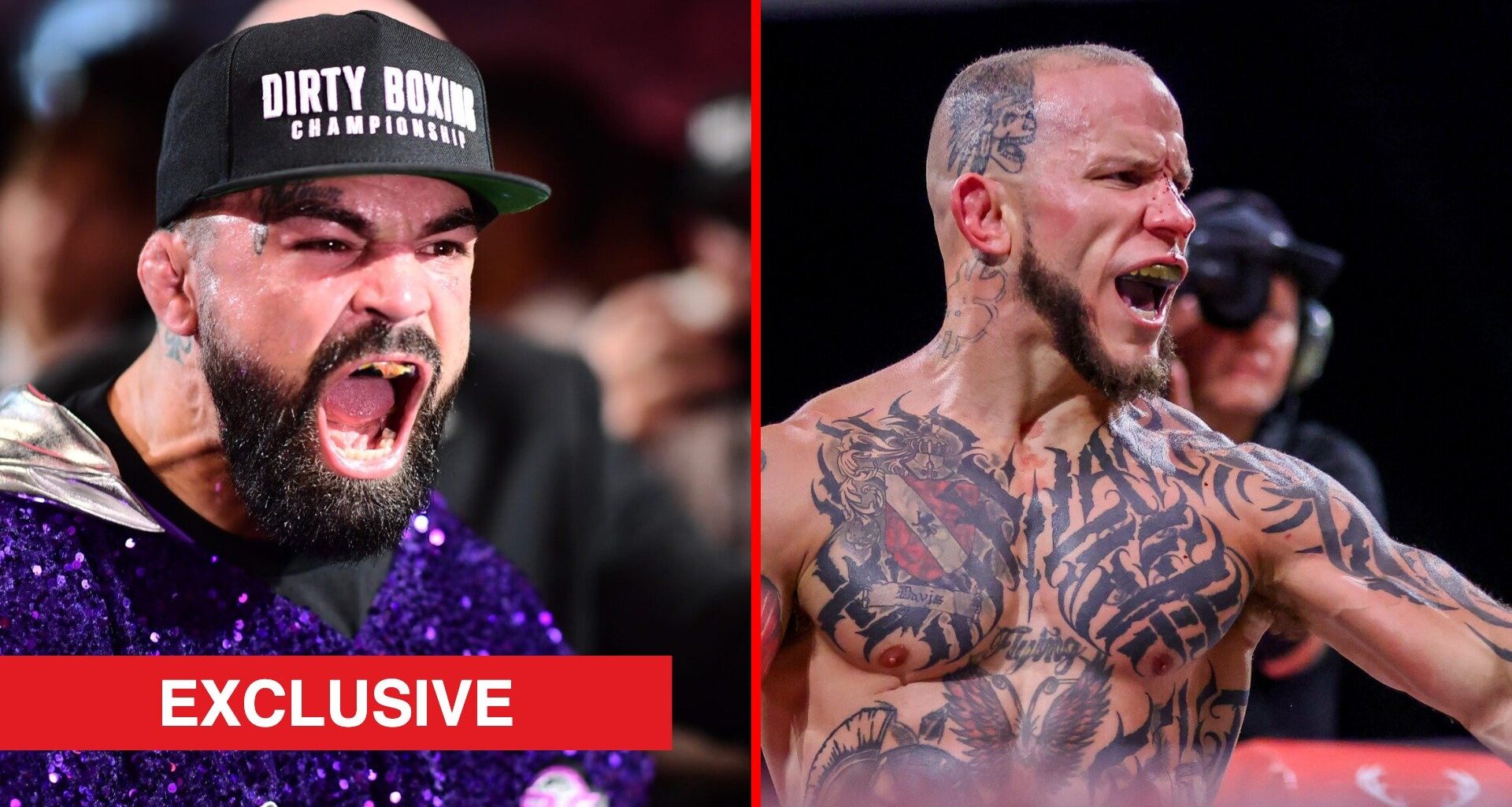 Split image of Mike Perry ahead of Jake Paul boxing match, Julian Lane during BKFC 53 fight