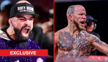 Split image of Mike Perry ahead of Jake Paul boxing match, Julian Lane during BKFC 53 fight