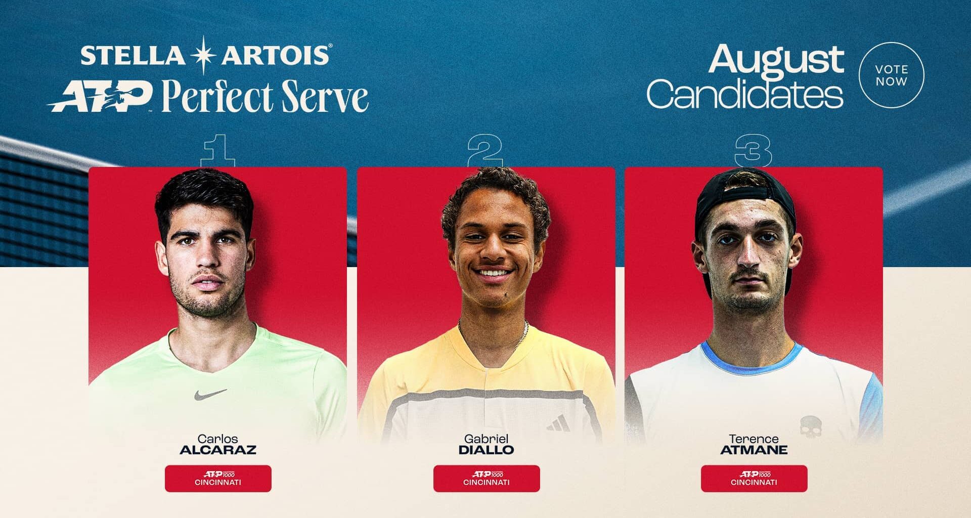 Carlos Alcaraz, Gabriel Diallo, and Terence Atmane have been nominated for August's ATP Perfect Serve, brought to you by Stella Artois.