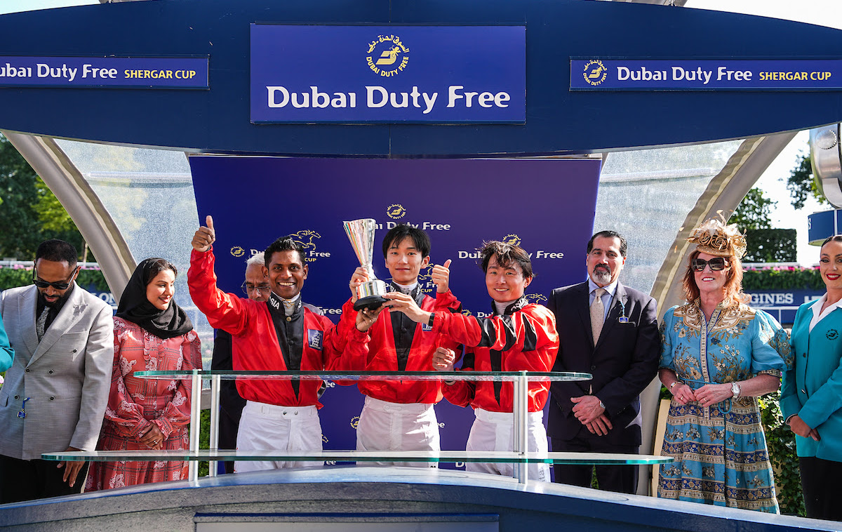 Captain fantastic: Suraj Narredu (left) with his teammates on the victorious Asian team at the Shergar Cup. Photo: Megan Coggin