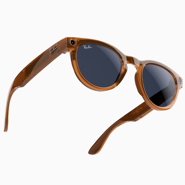An official product render of transparent brown Ray-Ban Meta Smart glasses from the bottom right