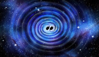 An illustration of gravitational waves rippling through the cosmos as two black holes begin to merge.