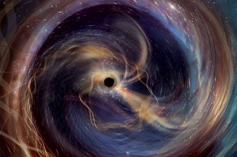 This artwork imagines the ultimate front-row seat for GW250114, a powerful collision between two black holes observed in gravitational waves by the US National Science Foundation LIGO. It depicts the view from one of the black holes as it spirals toward its cosmic partner. Ten years after LIGO's landmark detection of gravitational waves, the observatory's improved detectors allowed it to "hear" this celestial collision with unprecedented clarity. The gravitational-wave data enabled scientists to distinguish multiple subtle tones ringing out like a cosmic bell across the universe (imagined here as intertwining musical threads spiraling toward the center). Though only LIGO was online during GW250114, it now routinely operates as part of a network with other gravitational-wave detectors, including Europe's Virgo and Japan's KAGRA. Credit: Aurore Simonnet (SSU/EdEon)/LVK/URI Ten years later, LIGO is a black-hole hunting machine