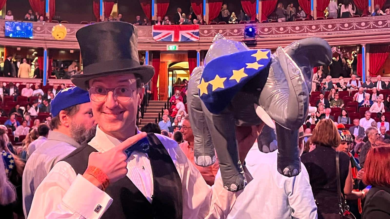 Thank EU for the Music campaigner holding an elephant model in an EU flags Last Night of the Proms