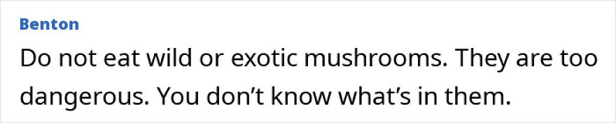 Text warning about avoiding wild or exotic mushrooms due to risks linked to ALS, Lou Gehrig’s disease concerns.
