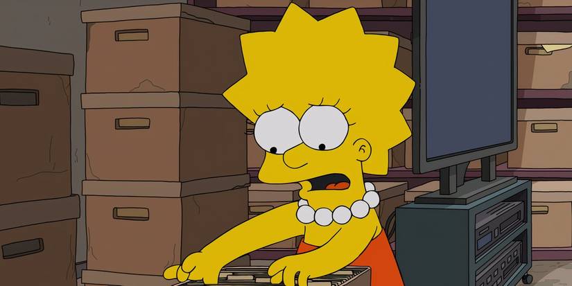 Lisa sorting through a cabinet of files and boxes in The Simpsons Lisa Detective