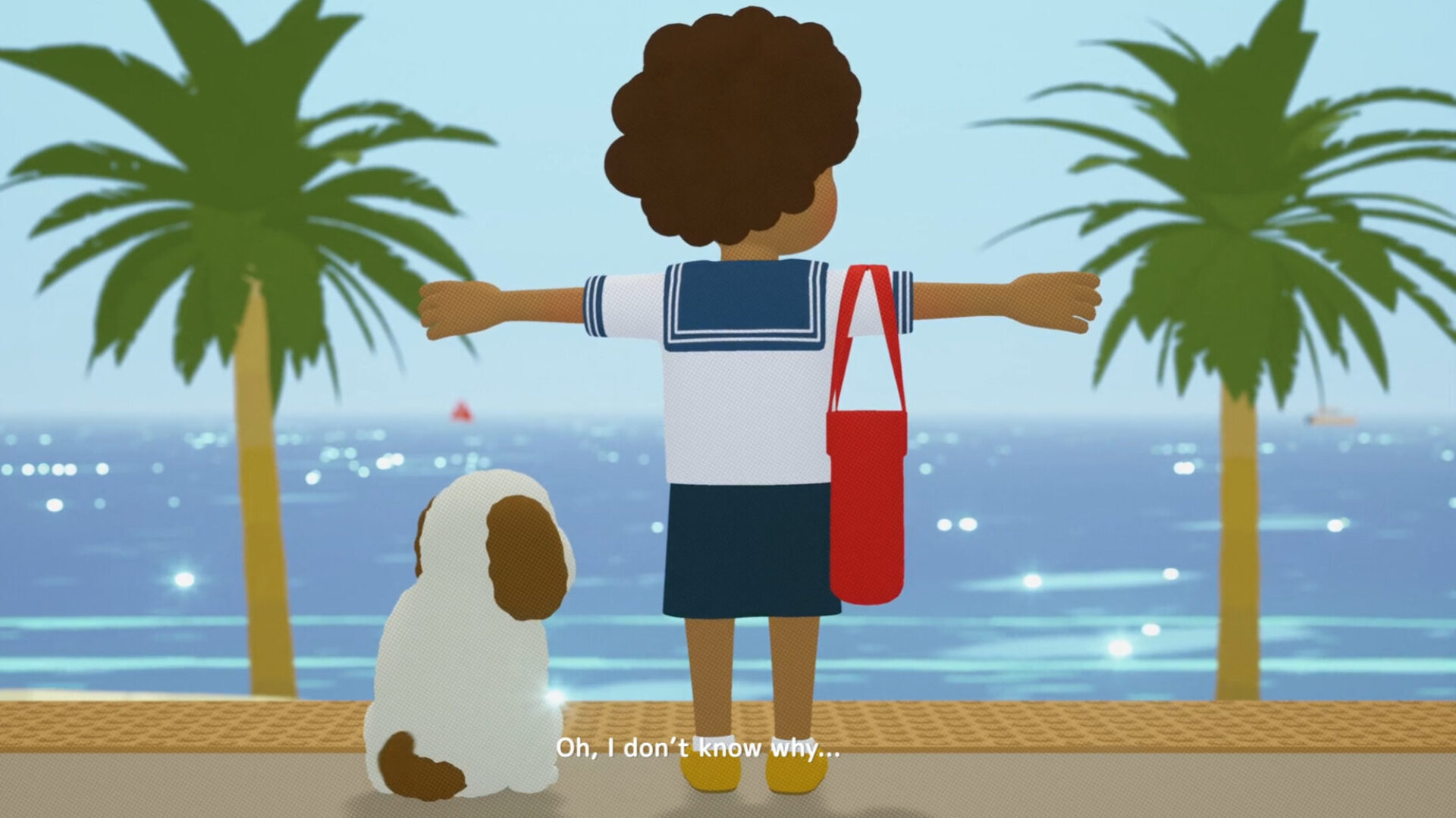 A screenshot from a computer game shows a boy and a dog standing on the edge of a beach, looking away from us towards the sea, with two palm frees in front of them. The caption reads: Oh, I don't know why...