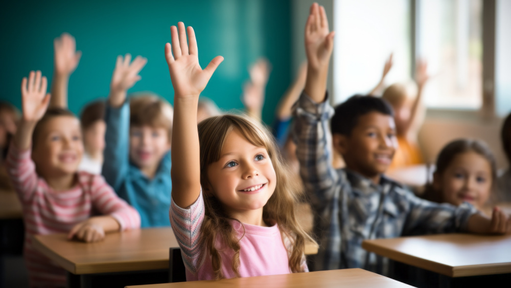 children raising their arms
