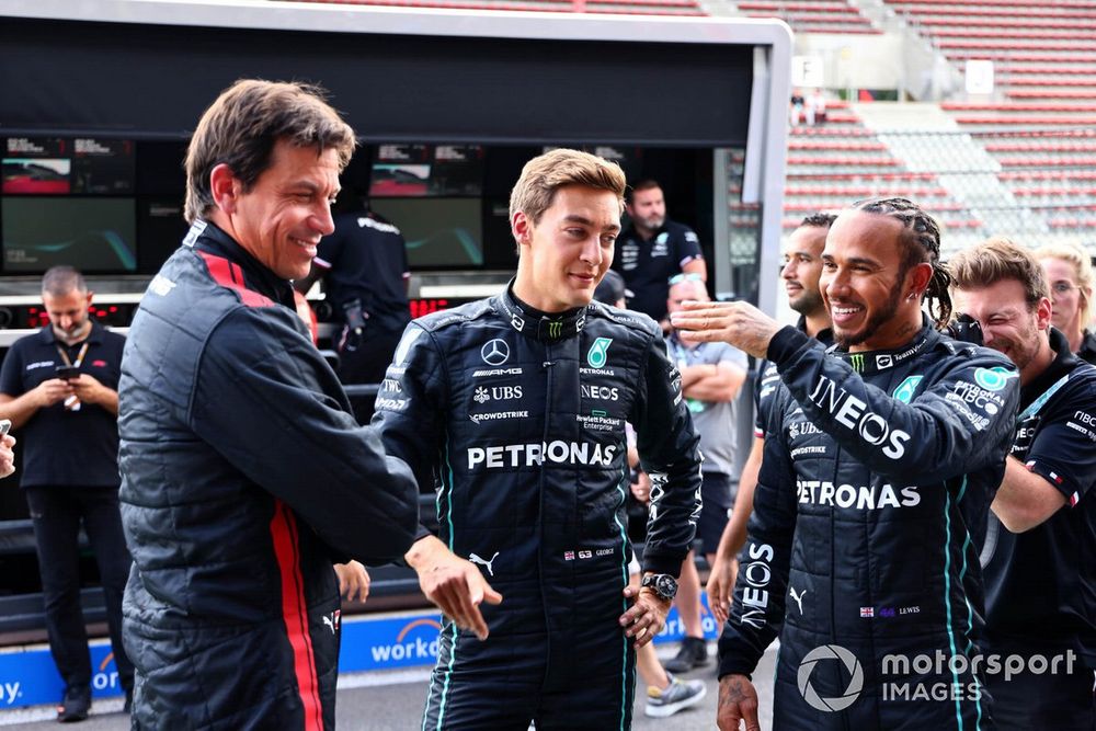 Toto Wolff, Team Principal and CEO, Mercedes AMG George Russell, Mercedes-AMG Lewis Hamilton, Mercedes-AMG 
