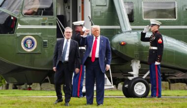 U.S. President Donald Trump, centre right, and British Prime Minister Keir Starmer arrive at Trump International Golf Links in Aberdeenshire, Scotland, Monday, July 28, 2025. (Jane Barlow/Pool Photo via AP, file)