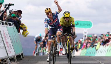 THE TUMBLE, UNITED KINGDOM - SEPTEMBER 06: (L-R) Remco Evenepoel of Belgium and Team Soudal Quick-Step celebrates at finish line as stage winner ahead of Thomas Gloag of Great Britain and Team Visma