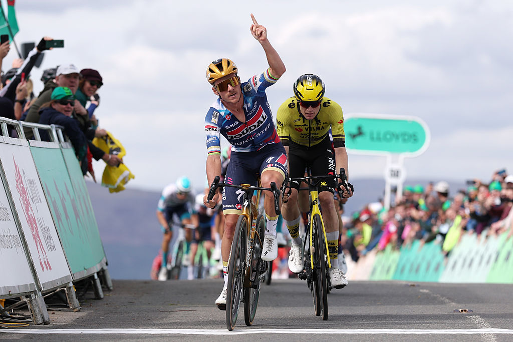 THE TUMBLE, UNITED KINGDOM - SEPTEMBER 06: (L-R) Remco Evenepoel of Belgium and Team Soudal Quick-Step celebrates at finish line as stage winner ahead of Thomas Gloag of Great Britain and Team Visma
