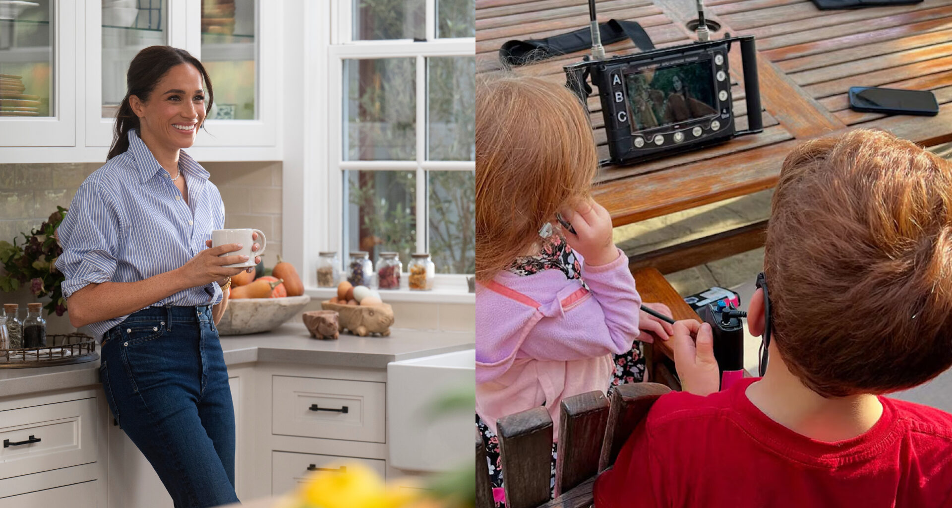 Meghan Markle wearing a striped shirt standing in a kitchen; Prince Archie and Princess Lilibet wearing headphones looking at a screen